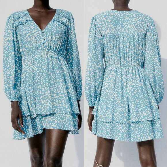 NEW Zara Animal Leopard Print V Neck Layered Ruffle Skirt Cute Mini Dress Blue S - Picture 1 of 10